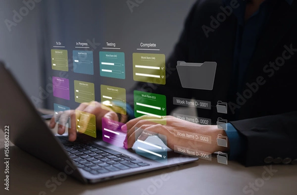 Fototapeta Agile software development or project management using kanban or scrum method boards, processes, workflows, visual organizers and framework technologies.
