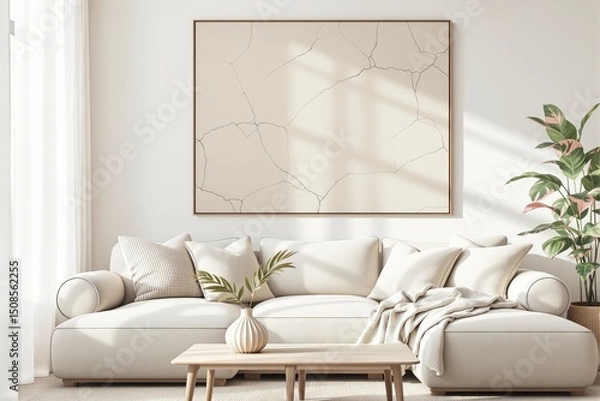 Fototapeta Modern minimalist living room with light cream sofa, abstract wall art, and green plant on bright soft background. Concept of cozy elegant interior. Ai generative