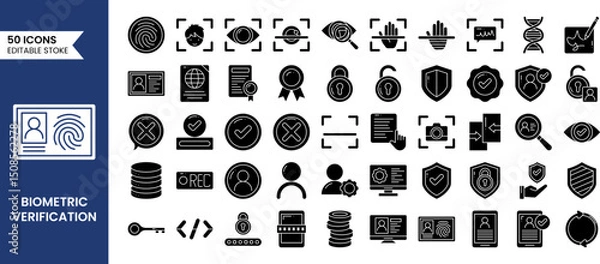 Fototapeta Biometric and Verification icon set in solid style. Containing ID card, biometric, fingerprint check, person identification, signature, passport and more. Vector illustration