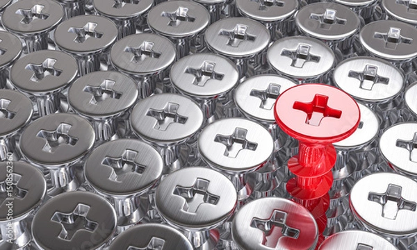 Fototapeta Uniqueness concept depicted by a single 3d red screw rising