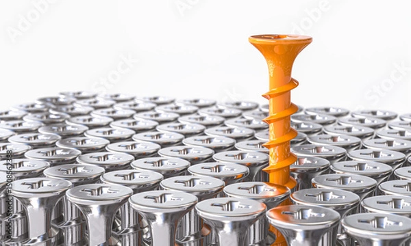 Fototapeta Orange screw stands out in a large group. 3d background