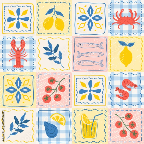 Fototapeta Mediterranean tile seamless pattern. Mosaic print with hand drawn lemon, cocktail, lobster, tomatoes, sardine, crab, shrimp. Italian summer vacation patchwork. Vector illustration.