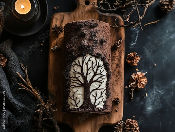 Fototapeta Enchanting Chocolate Yule Log Cake with Intricate Winter Tree Design and Rustic Forest Elements