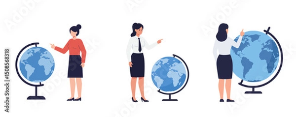 Obraz Vector illustrations of teacher interacting with globe on transparent background and copy space