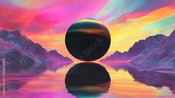 Obraz Surreal landscape with floating black sphere above a mirrored mountain lake, surrounded by colorful skies and dreamlike reflections.

