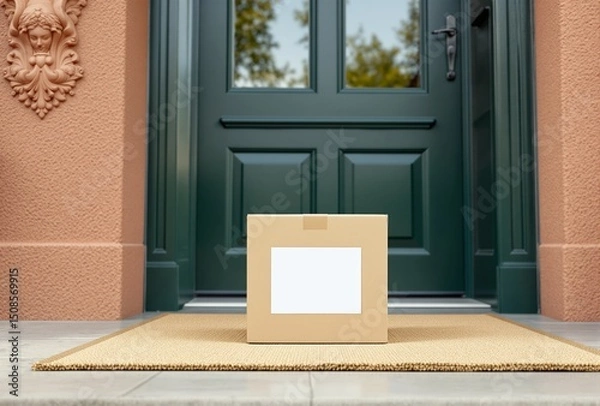 Fototapeta Cardboard box with blank label on a doormat in front of a green door, outdoor daylight scene, concept of home delivery or e-commerce. Ai generative