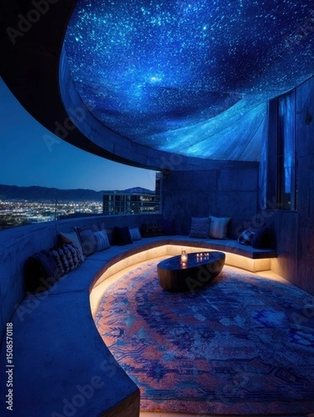 Fototapeta A rooftop lounge area with a starlit ceiling at night.