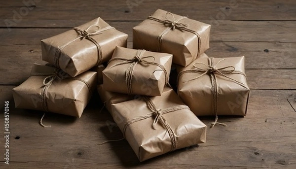Fototapeta Collection of Kraft Wrapped Gifts with String on Wooden Surface