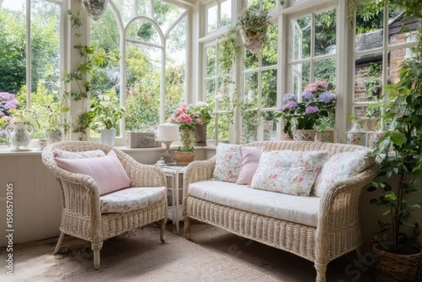 Fototapeta A sunlit conservatory filled with light, floral displays, and delicate wicker furniture.