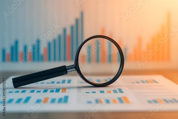 Fototapeta Analyzing financial data with magnifying glass for investment and business intelligence growth