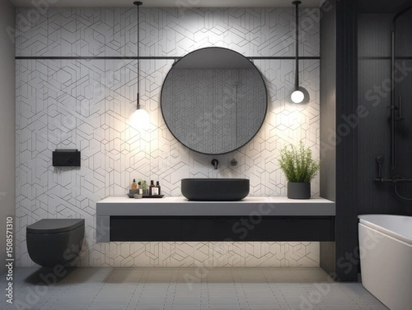 Fototapeta Modern bathroom vanity with geometric patterned tile.