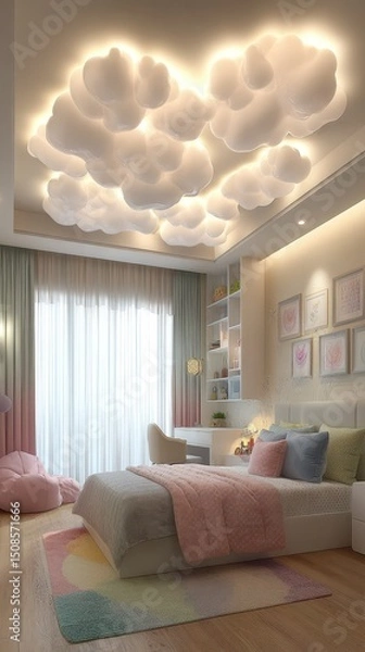 Fototapeta Light-filled bedroom with cloud-shaped ceiling fixture.