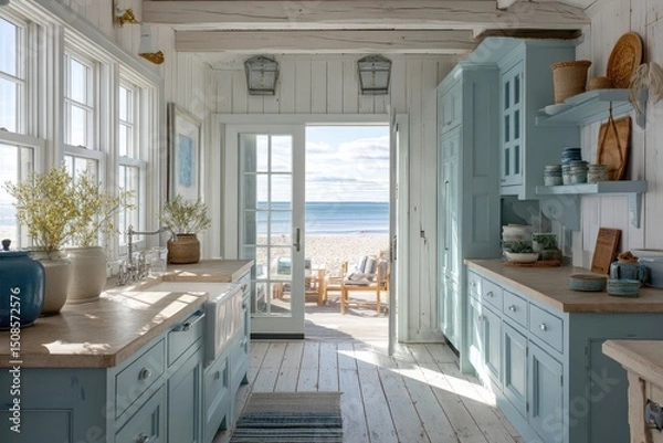 Fototapeta Beachfront kitchen with light blue cabinetry and ocean views.