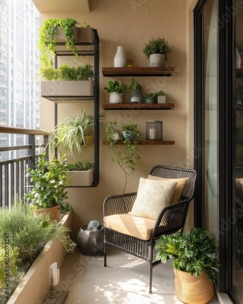 Fototapeta Balcony with potted plants and modern furniture.