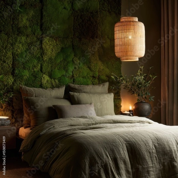 Fototapeta A cozy bedroom with a moss wall and a natural light fixture.