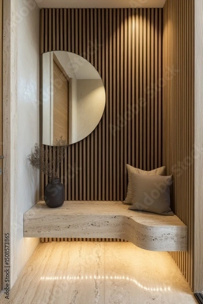 Fototapeta A modern entryway nook with a curved marble seat.