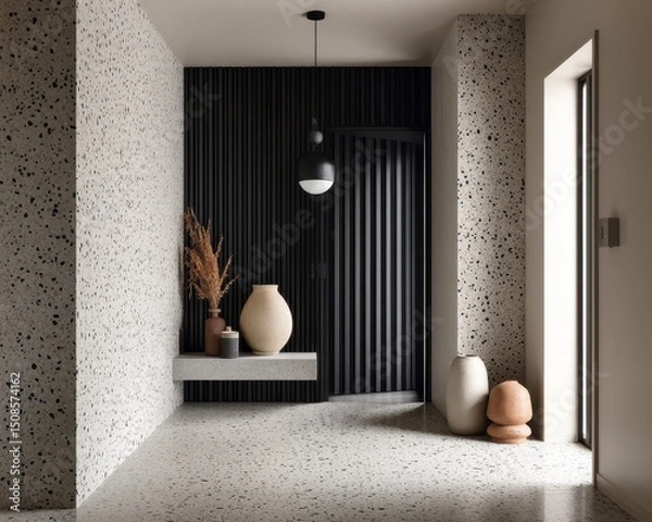 Fototapeta A modern hallway with textured walls and a polished concrete floor.