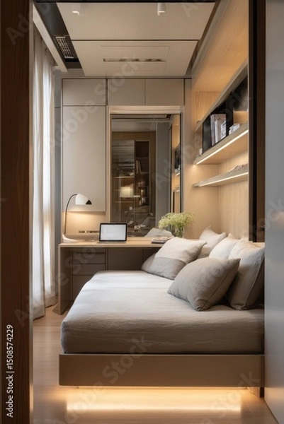 Fototapeta Modern bedroom with integrated workspace.