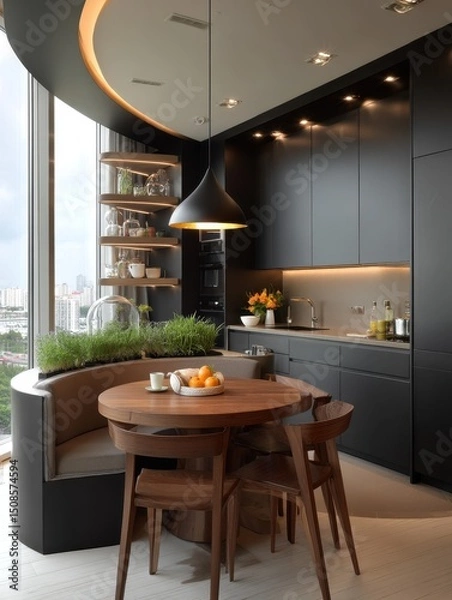 Fototapeta Modern, minimalist kitchen dining area with curved design.