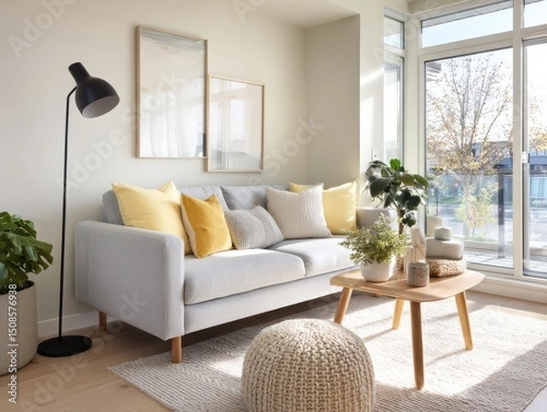 Fototapeta Light-filled living room with a comfortable gray sofa and yellow accent pillows.