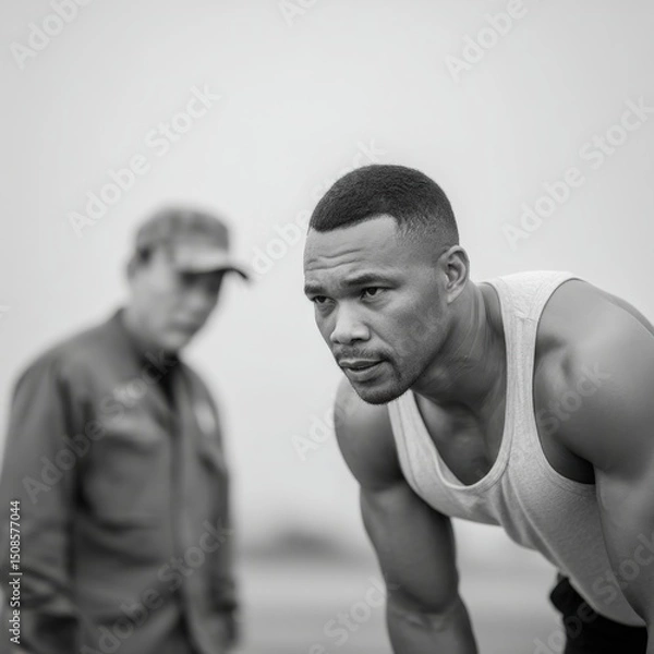 Fototapeta Army fitness test concept, A focused athlete in a tank top prepares for action, with a blurred figure in the background outdoors.