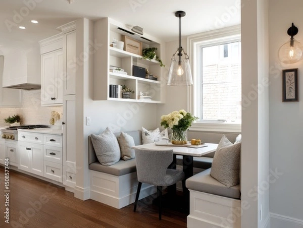 Fototapeta White kitchen nook with built-in seating area.