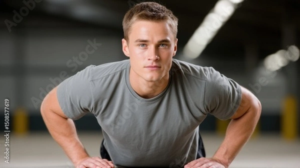 Fototapeta Army fitness test concept, A young man in a grey t-shirt performs a push-up indoors, focusing on fitness and strength training.