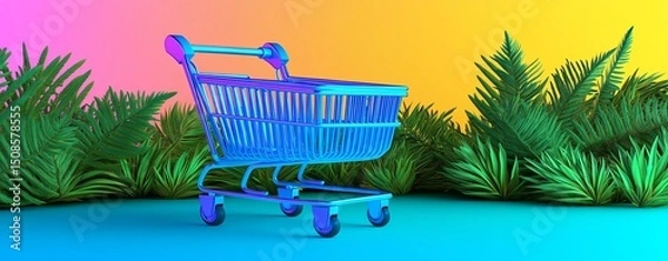 Fototapeta A vibrant and colorful shopping cart stands against a tropical backdrop of lush green leaves, creating a playful and energetic atmosphere.