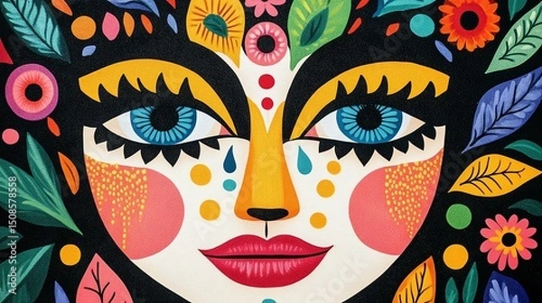 Fototapeta A vibrant and colorful artwork depicting a stylized face surrounded by flowers and leaves, symbolizing nature, emotion, and cultural expression.