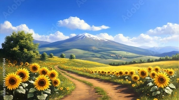Fototapeta A vibrant landscape featuring a dirt path meandering through a field of sunflowers, with majestic mountains and a clear blue sky in the background.