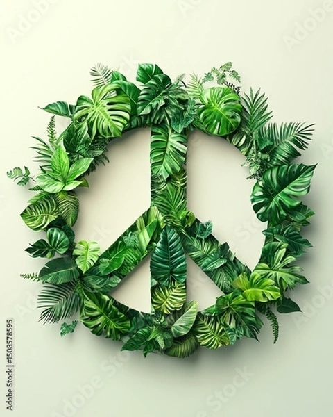 Fototapeta A vibrant peace symbol crafted from lush green leaves, representing harmony with nature and a commitment to environmental stewardship.