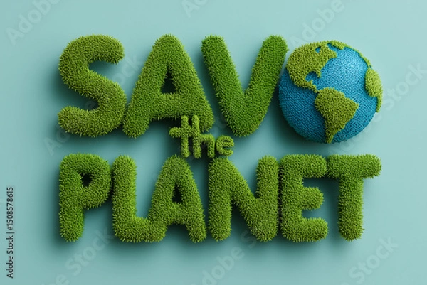 Fototapeta save the planet typography with miniature Earth globe and leaf textures 