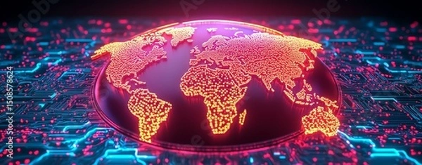 Fototapeta A vibrant, digital representation of the world globe, showcasing neon colors and a high-tech background, symbolizing innovation and connectivity.