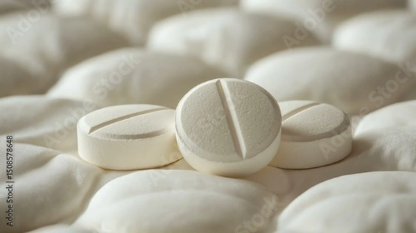 Fototapeta Close-up view of white tablets on a soft surface, exemplifying health, medication, and pharmaceutical themes. Ideal for wellness and medical-related content.