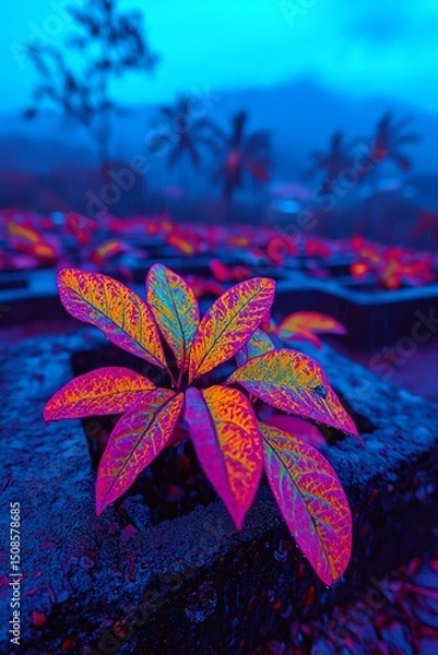 Fototapeta Vibrant leaves bask in a cool blue light, showcasing intricate patterns and colors as nature's artistry unfolds in a serene, mystical environment.