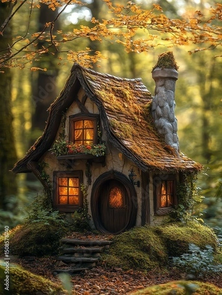 Fototapeta A charming, whimsical cottage nestled in a serene forest, surrounded by vibrant autumn foliage. Its warm lights invite tranquility and wonder.