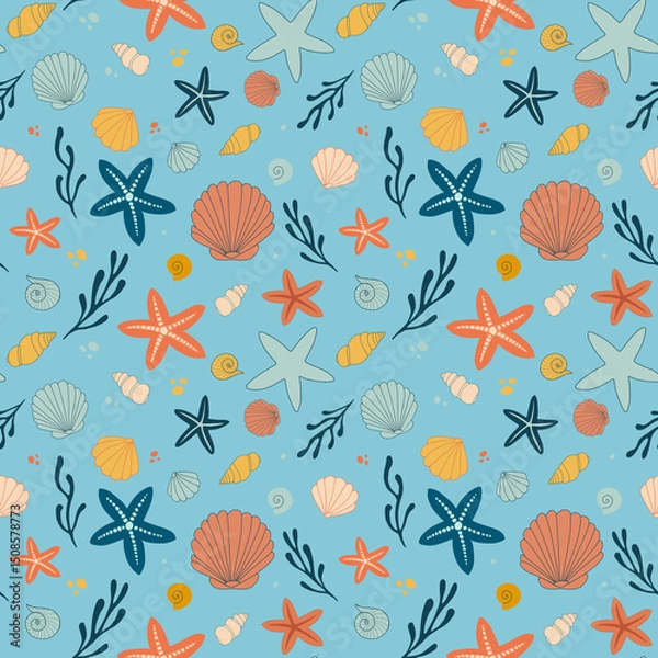 Fototapeta Seamless marine pattern with starfish, shells and seaweed on bright blue background, cheerful ocean life and summer concept