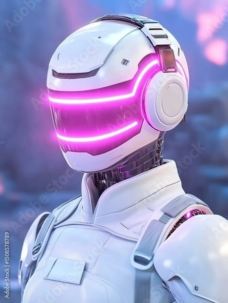 Fototapeta A futuristic robotic helmet with neon accents, symbolizing advanced technology and innovation in artificial intelligence and robotics.