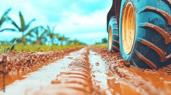 Fototapeta A low-angle view of a tractor tire on a muddy path, surrounded by lush greenery and palm trees under a blue sky, showcasing rural transport and agriculture.