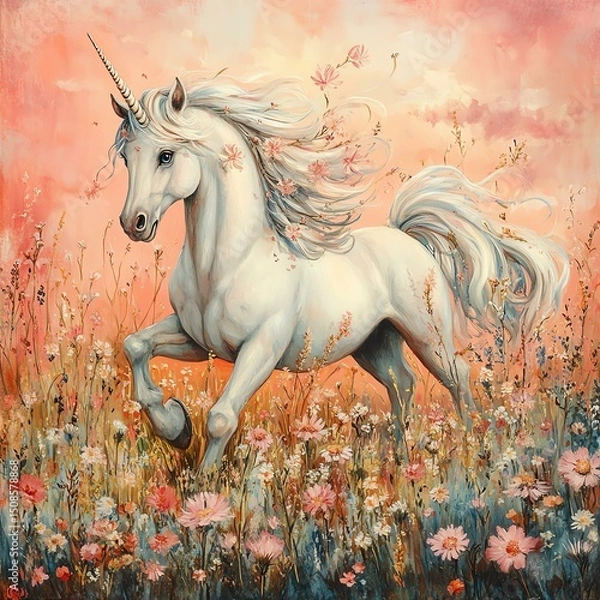 Fototapeta A majestic white unicorn gallops through a vibrant field of flowers, showcasing its elegance and beauty under a pastel sky.