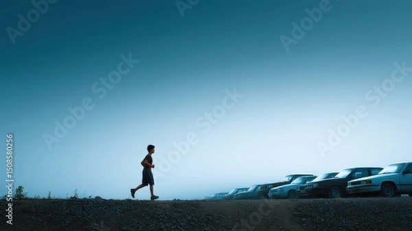 Fototapeta Army fitness test concept, A person jogs along a gravel path beside a row of parked cars under a clear blue sky.