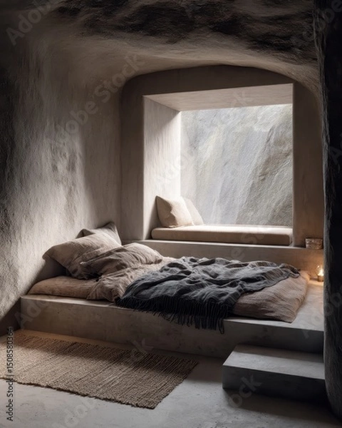 Fototapeta Concrete bedroom with a window seat.