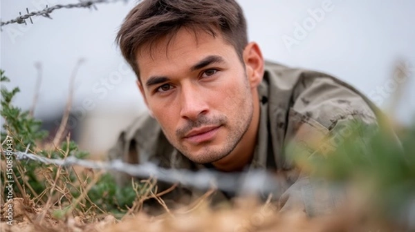 Fototapeta Army fitness test concept, A man in military attire lies close to the ground behind barbed wire, focusing intently ahead in an outdoor setting.