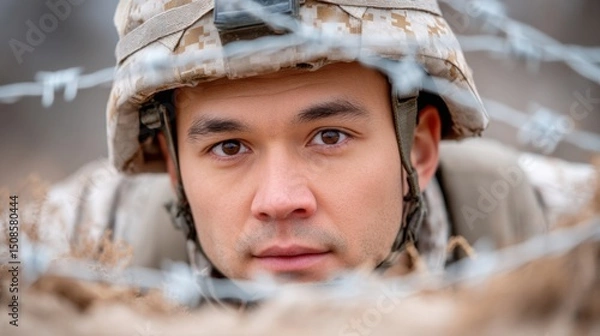 Fototapeta Army fitness test concept, A soldier in camouflage gear looks intently through barbed wire, suggesting vigilance and readiness in a tense environment.