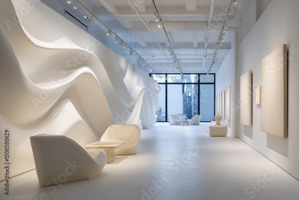 Fototapeta Modern gallery interior with smooth, curved walls and minimalist furnishings.