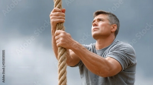 Fototapeta Army fitness test concept, A man in a gray shirt climbs a rope outdoors, looking focused and determined against a cloudy sky.