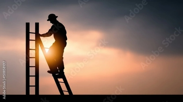 Fototapeta Army fitness test concept, A person climbs a ladder against a dramatic sunset sky, silhouetted in the evening light.
