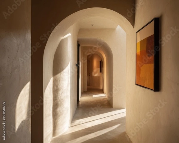 Fototapeta Sunlit hallway with arched doorways and abstract art.