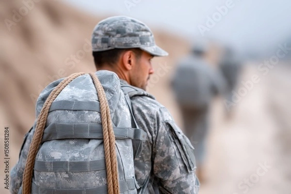 Fototapeta Army fitness test concept, A soldier in camouflage uniform with a backpack and rope walks outdoors, followed by others in the distance.