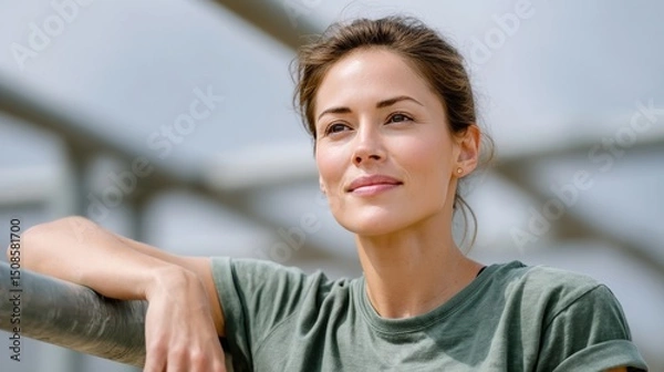 Fototapeta Army fitness test concept, A relaxed woman in a green shirt gazes thoughtfully outdoors, leaning on a metal railing with a soft smile on her face.